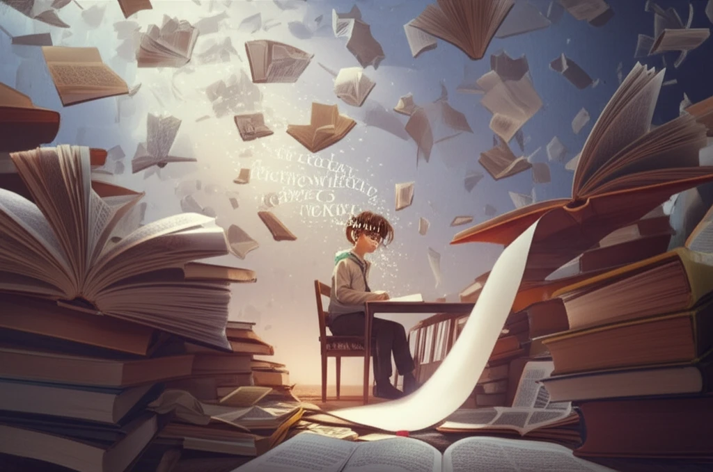 Student surrounded by books, with words flowing from books onto a blank page.