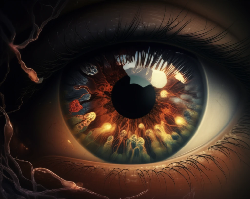 Illustration of a healthy eye with glowing mitochondria, symbolizing the protective effect of PEDF against macular degeneration.