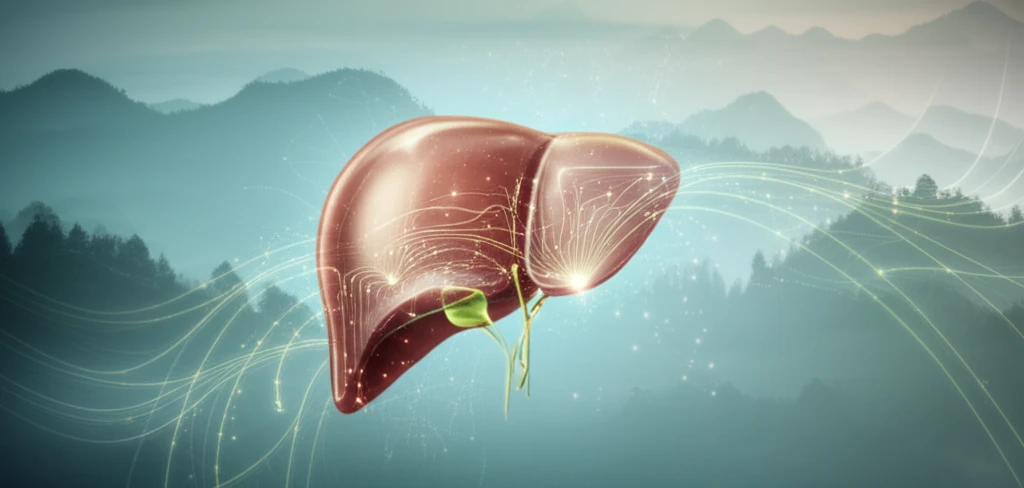 Surreal digital illustration of a stylized liver intertwined with pathways, symbolizing non-invasive models for liver health.
