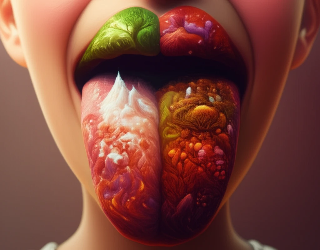 Taste buds transforming into colorful landscapes.