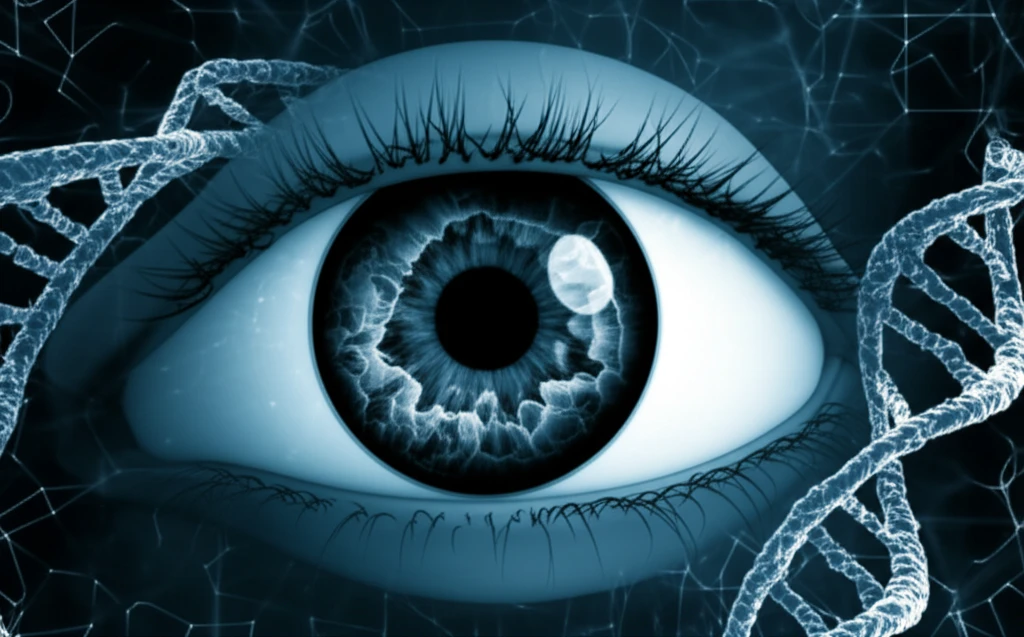 DNA strands interwoven in a human eye representing genetic basis of vision