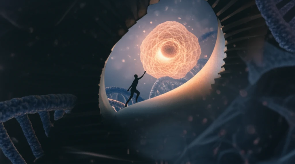 Staircase leading to healthy cell symbolizing longevity.