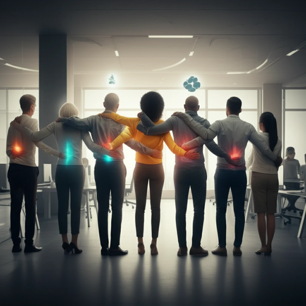 Diverse employees support each other in an inclusive office, representing workplace inclusion and mental health support.