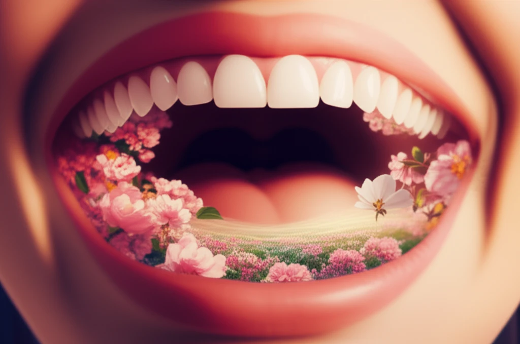 Illustration of a healthy mouth transforming into a vibrant, floral landscape.