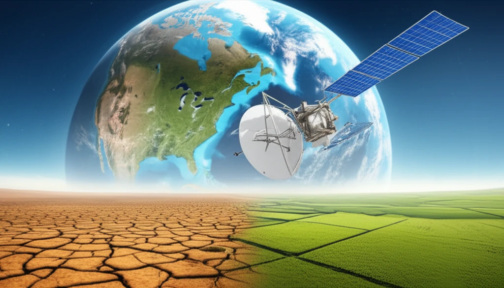 A parched landscape transforming into a green oasis, symbolizing the power of remote sensing in combating soil salinization.