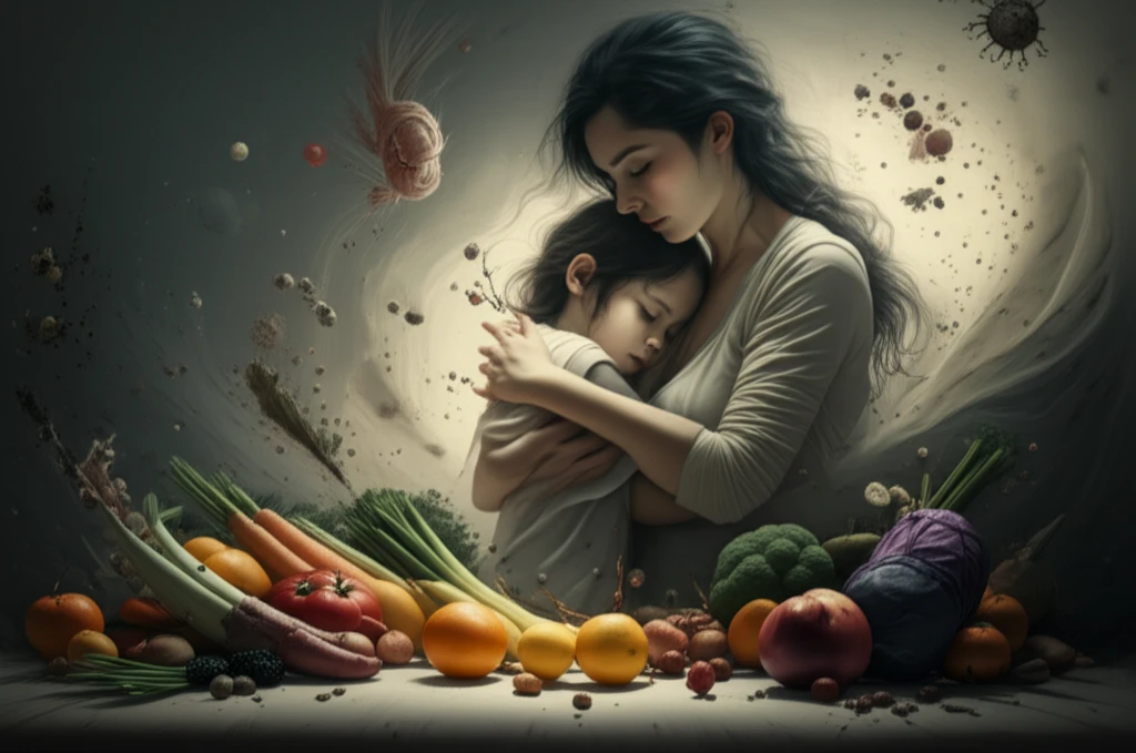 A mother protectively shielding her child from toxins, with healthy foods representing safe nutrition.