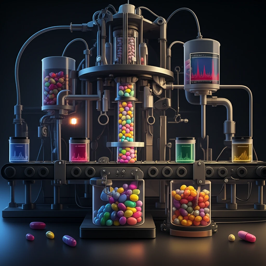 Sorting machine separating pills, symbolizing quality control