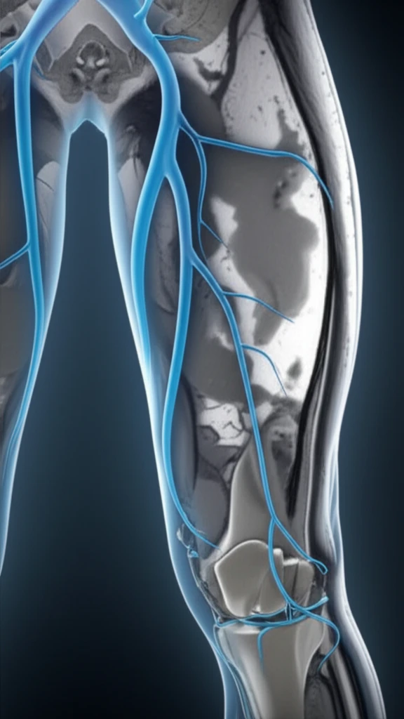 Surreal illustration of a leg transitioning into an MRI scan for DVT visualization.