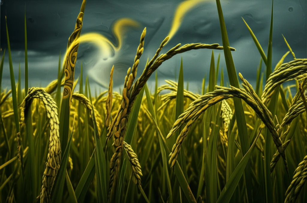 Surreal illustration of a rice paddy field affected by sheath rot, featuring abstract and photorealistic elements.