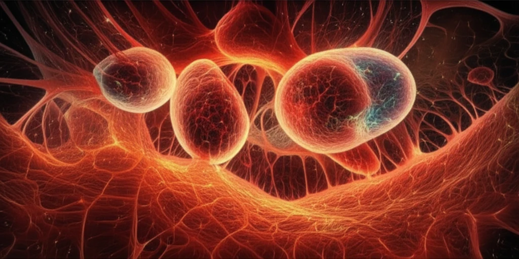 Illustration of cardiac muscle cells and fibroblasts collaborating in a collagen matrix, symbolizing heart muscle engineering.