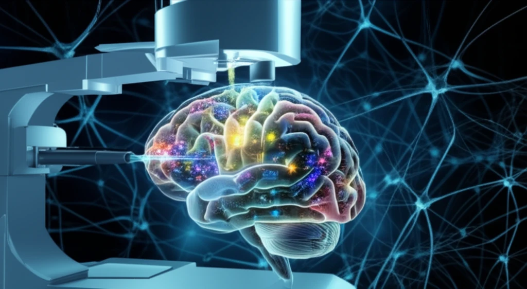 Mass spectrometer analyzing a brain with glowing proteins, representing Alzheimer's research.