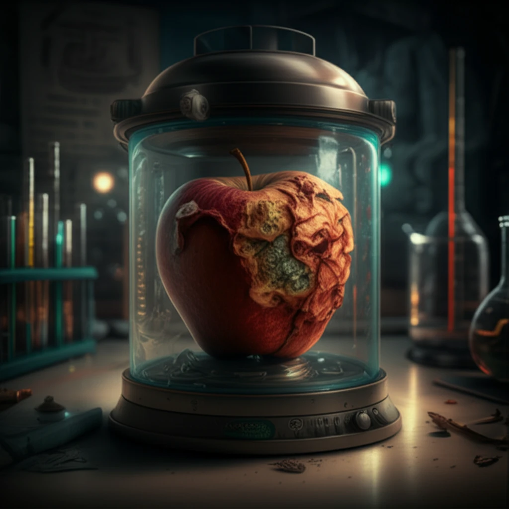 An apple decaying rapidly in storage, symbolizing the impact of time on fruit quality.