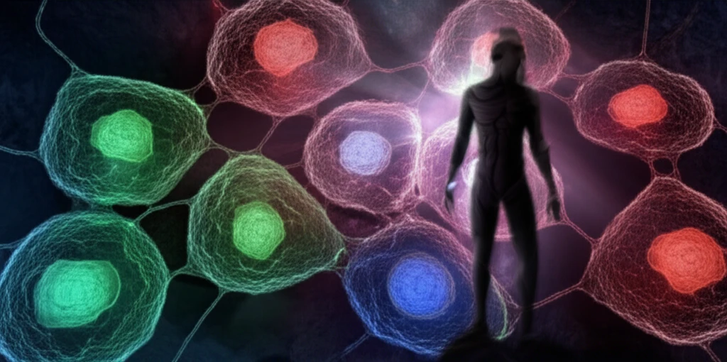 Interconnected cellular structure, E-cadherin bridges, Survivin figure, apoptosis lights
