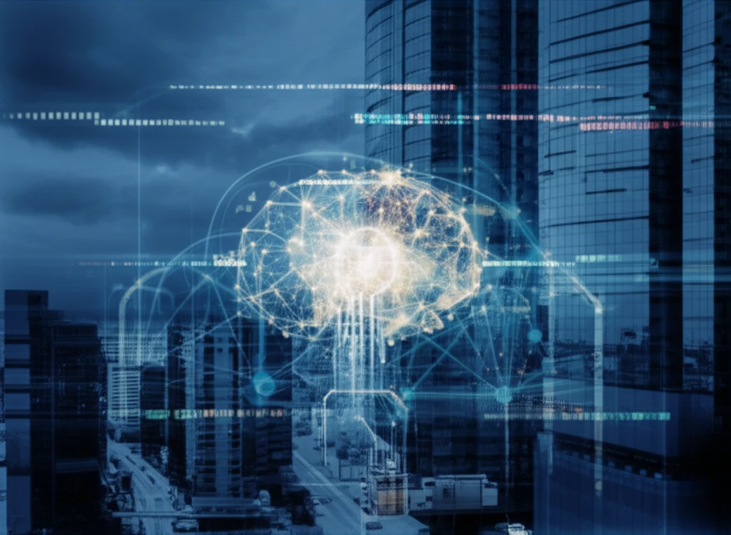 Futuristic cityscape with interconnected sensors monitoring air quality and feeding data into a central AI system.