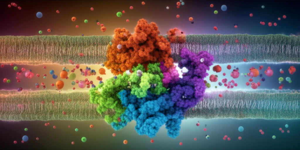 Surreal illustration of cellular transport with glowing channels and ions flowing through a membrane protein.