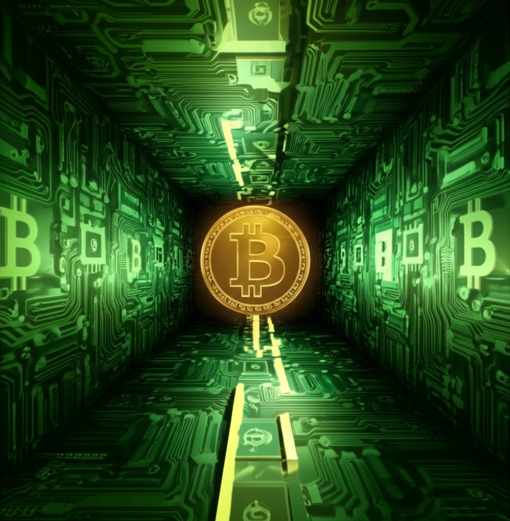 A digital labyrinth of circuit boards and crypto symbols leading to a coin.