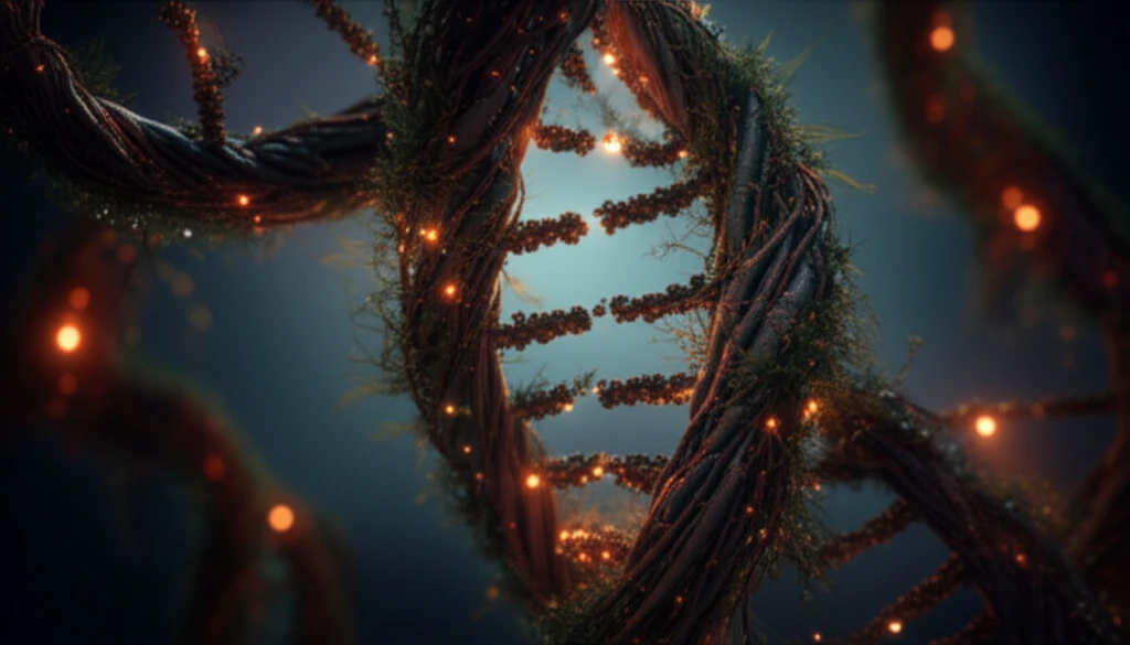 Intertwined pepper tree branches forming a DNA helix with glowing berries.