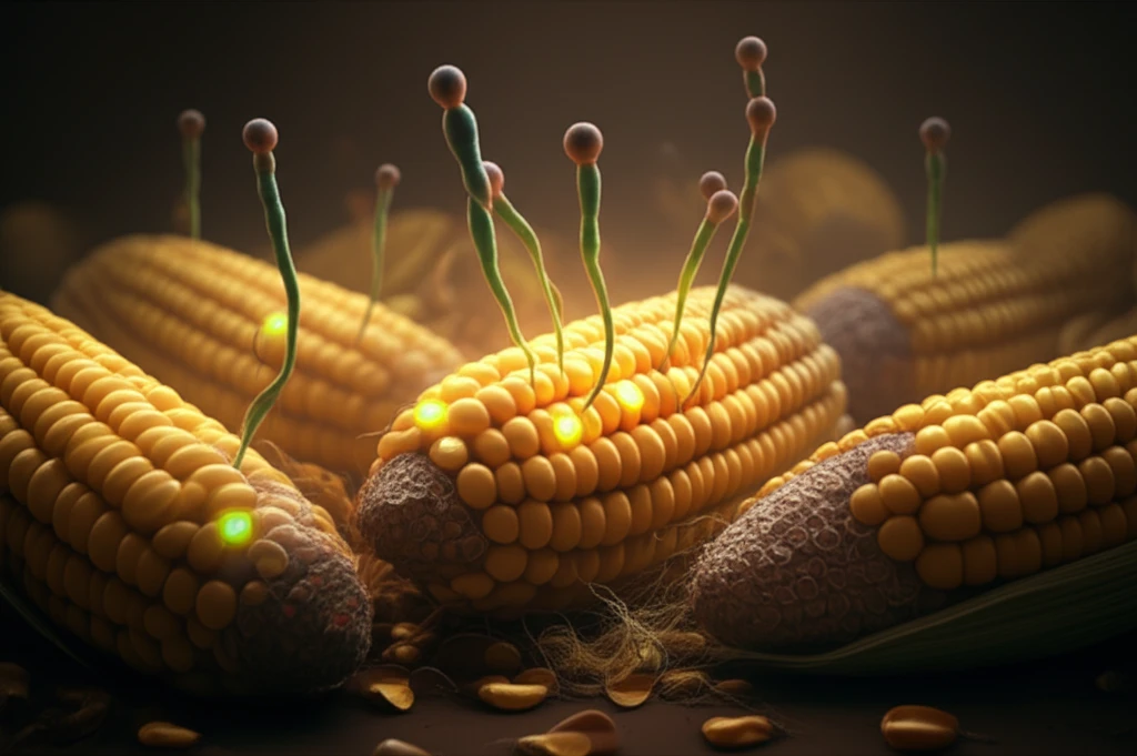 Microscopic view of Aspergillus mold on corn kernels with aflatoxin molecules.