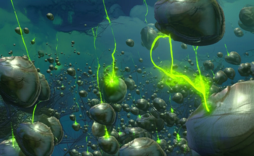 Vibrant wool threads being dyed with a glowing green liquid derived from crustacean shells