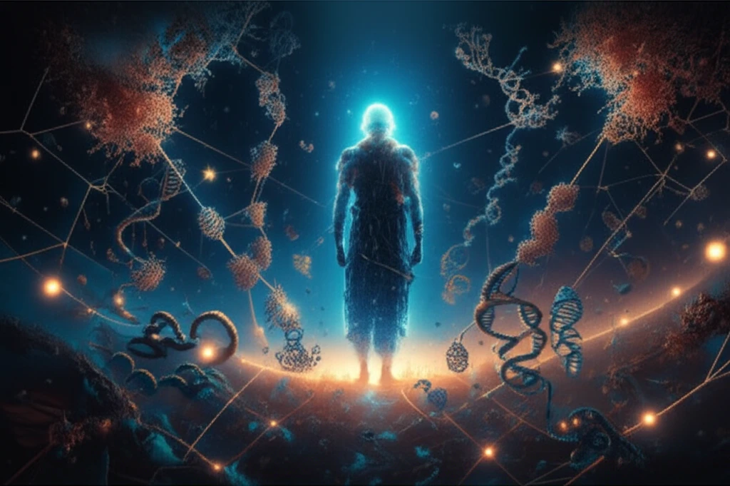 Surreal illustration of SIRT7 as a cellular guardian overseeing a complex network of interacting proteins and DNA strands, symbolizing cellular stress and balance.