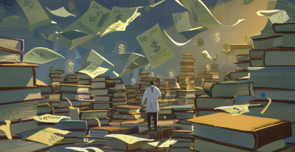 Surreal illustration of a neurologist navigating a complex maze of medical education and career decisions.