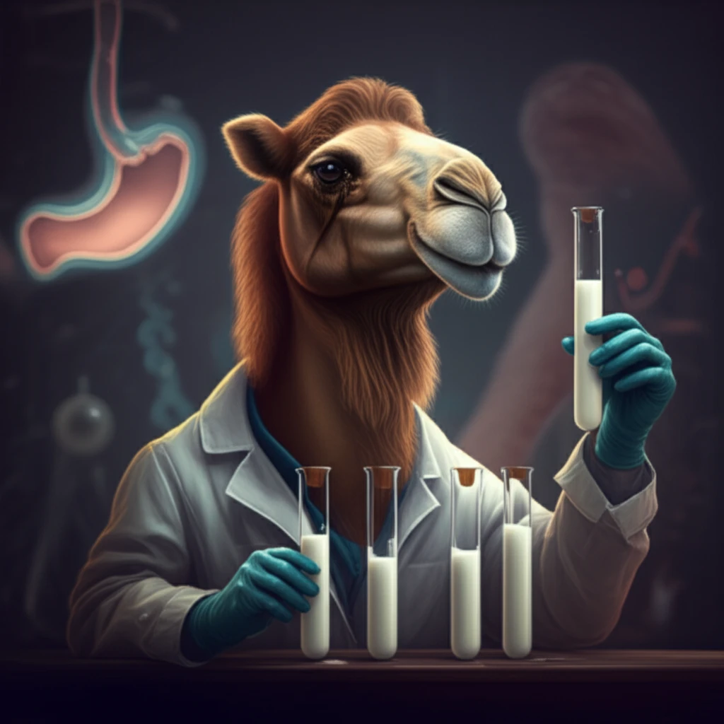 Surreal illustration of a Bactrian camel scientist with esophageal silhouette.