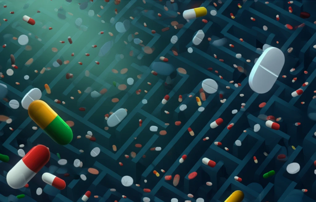 Labyrinth of pills representing mental health challenges for individuals with intellectual disabilities.