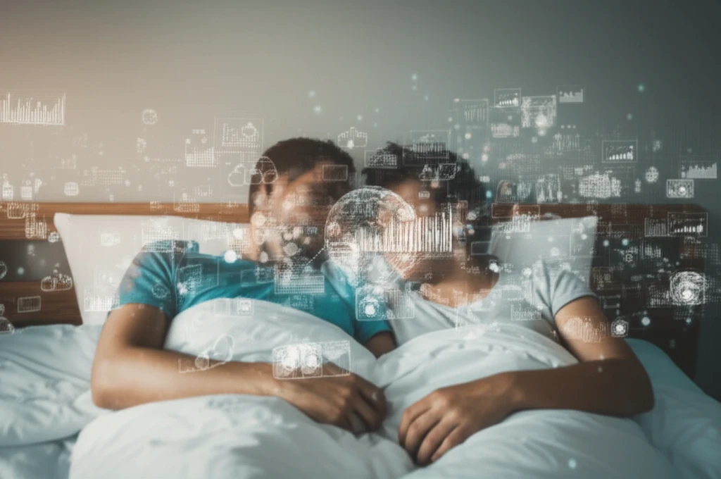 Couple in bed surrounded by data points, representing sex tracking technology.