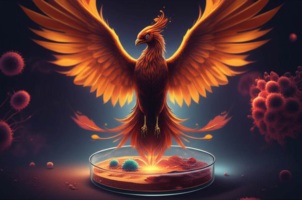 Phoenix rising from a petri dish, symbolizing overcoming drug-resistant infections in cancer treatment.