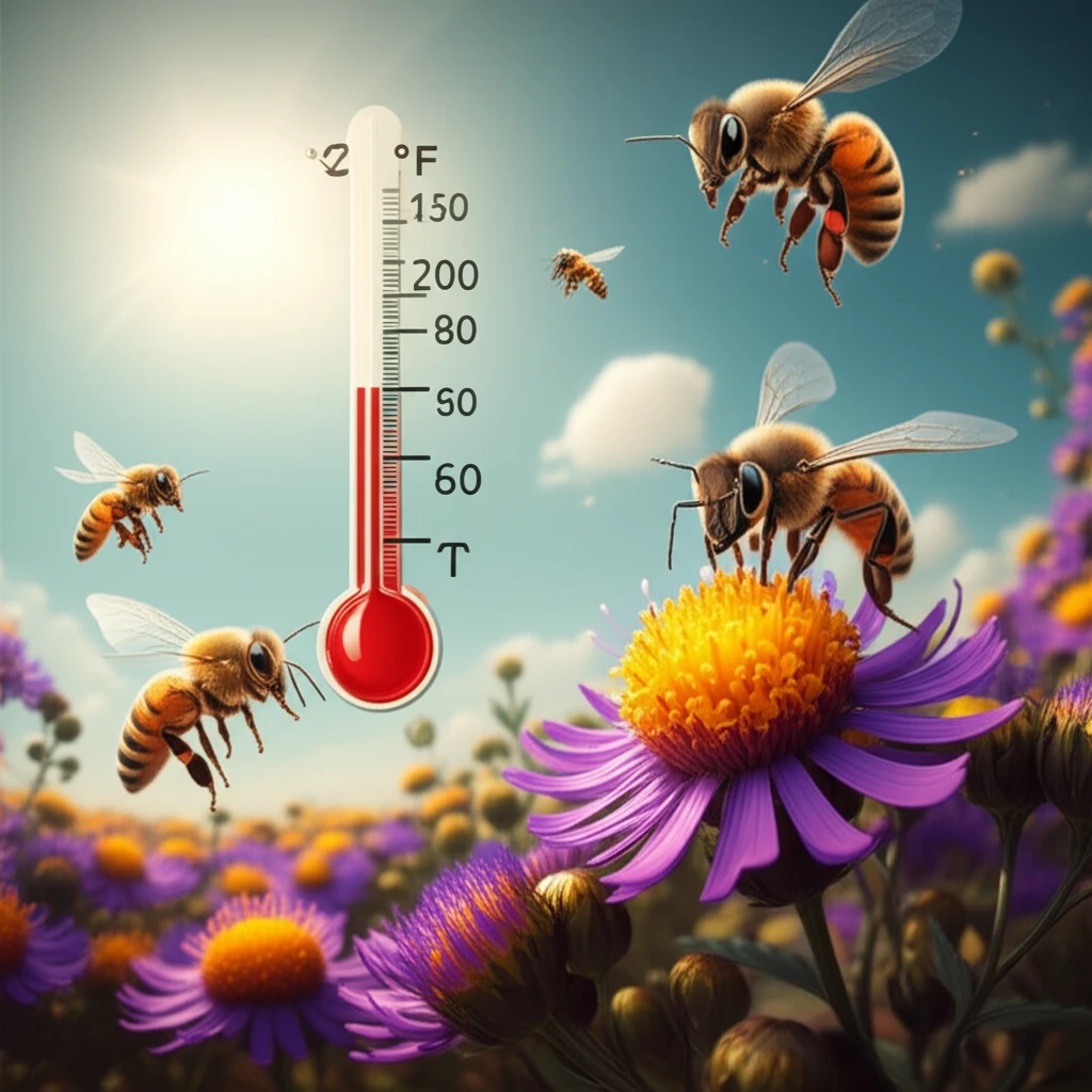 Honeybees foraging on flowers, illustrating the impact of temperature and humidity on their behavior.