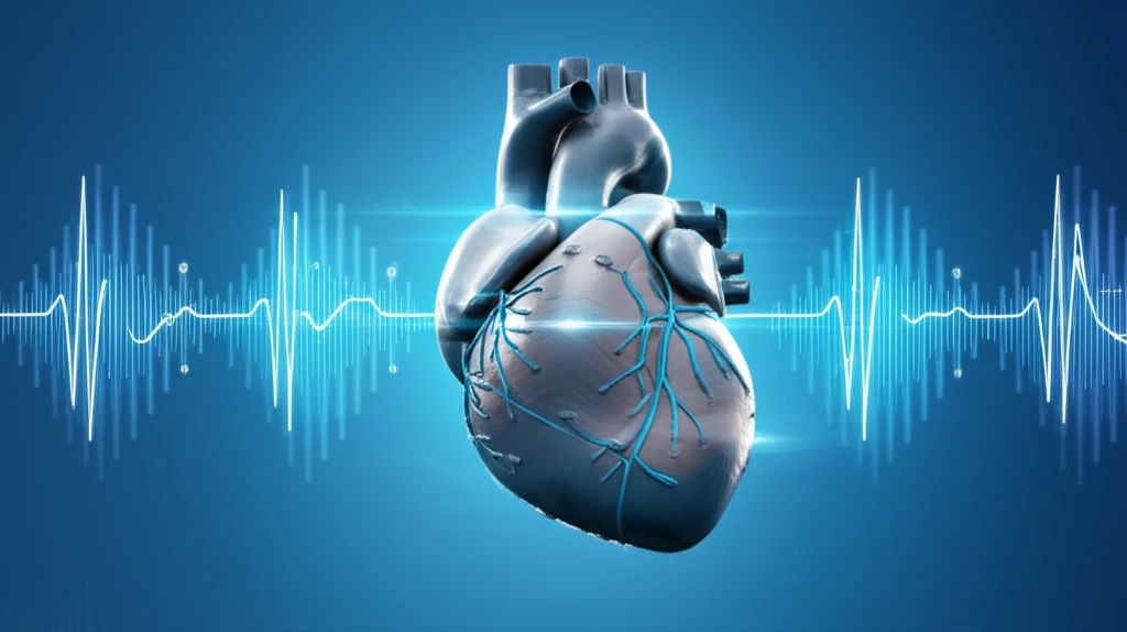 Stylized human heart intertwined with electrical circuits and rhythmic wave patterns symbolizing cardiac health and medical devices in the context of ventricular tachycardia and heart rhythm.