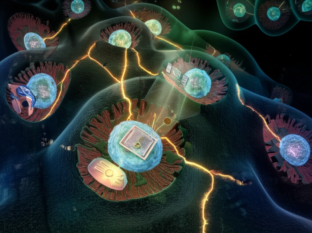 Glowing pathways within a cell representing intracellular trafficking guided by a receptor protein acting as a GPS.