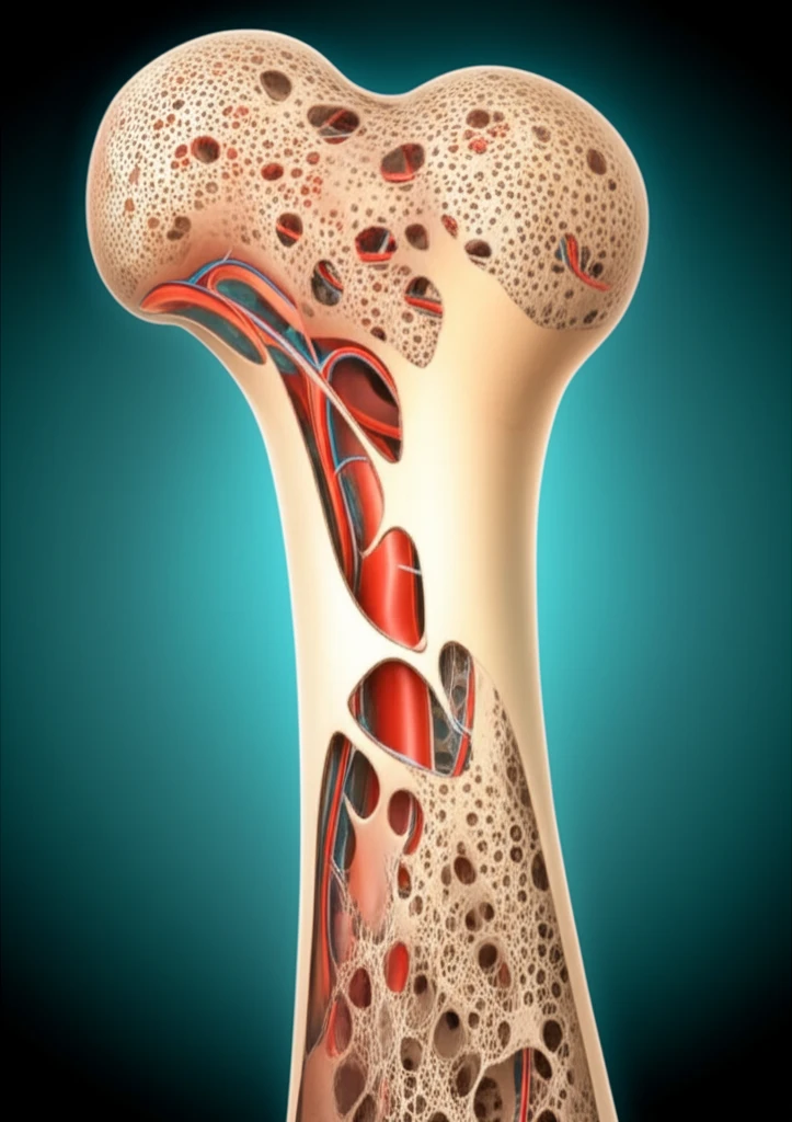 Illustration of bone regeneration with SF-deferoxamine, showing healthy bone growth replacing damaged bone.