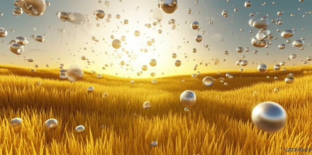 Golden rice straw field with silver nanoparticles floating above.