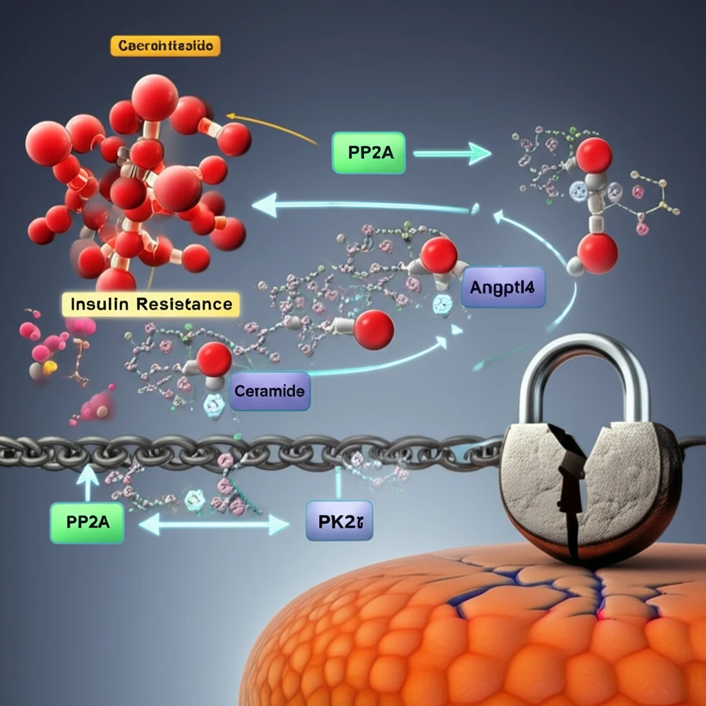 Complex metabolic pathway illustrating the glucocorticoid-Angptl4-ceramide axis leading to insulin resistance.