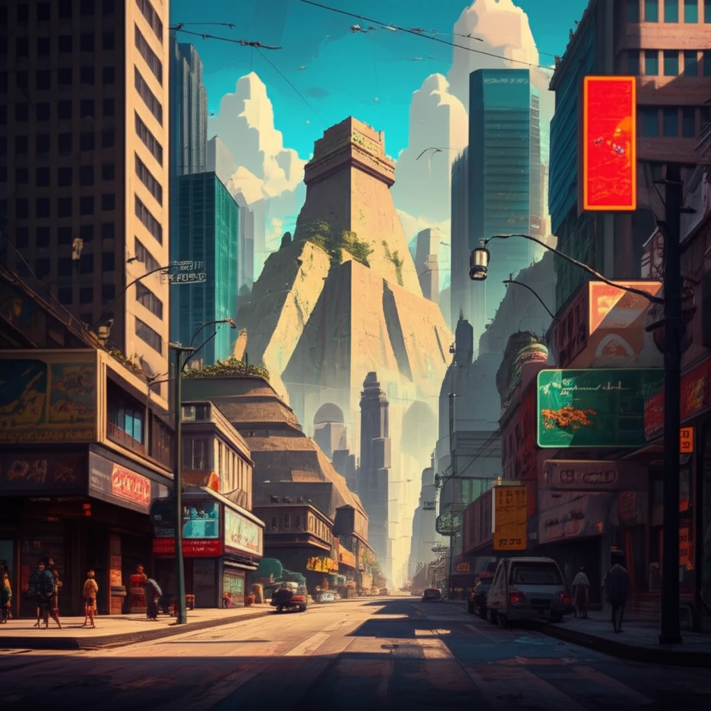 A surreal cityscape blends Aztec and modern architecture, symbolizing Mexico's fusion of cultures and languages.