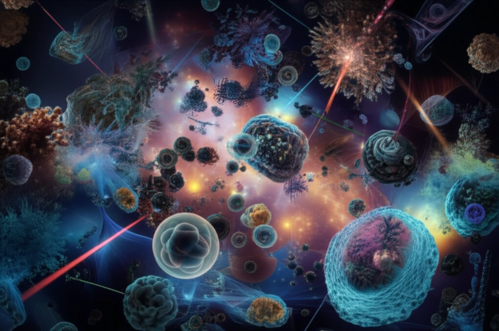 Surreal illustration of nano-imaging with laser beams illuminating cells and nanostructures.