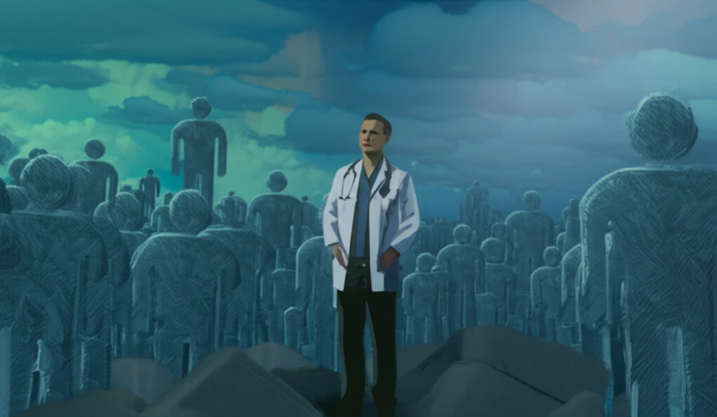 A serene depiction of a doctor standing amidst a field of family, symbolizing a legacy of care and community.