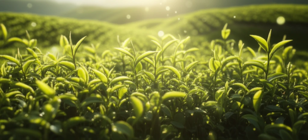Tea plants glowing with protective energy, symbolizing enhanced plant immunity.