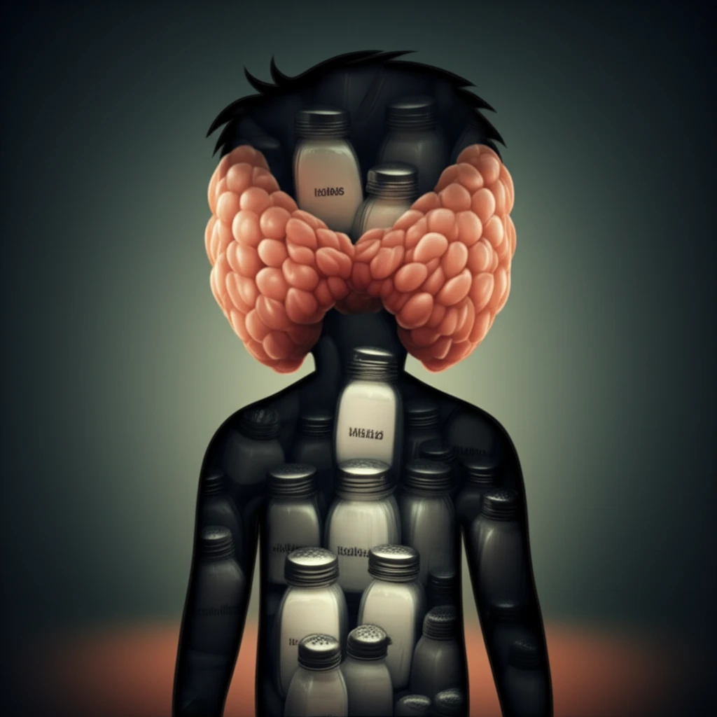 A child's silhouette filled with an iodized salt shaker landscape, against a backdrop of a concerned thyroid gland symbolizing iodine deficiency.