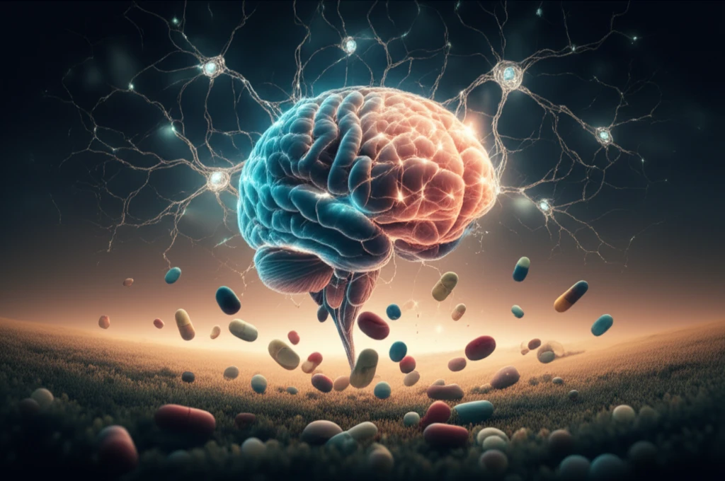 Surreal illustration symbolizing the balance between neurological health and medication in Parkinson's treatment.