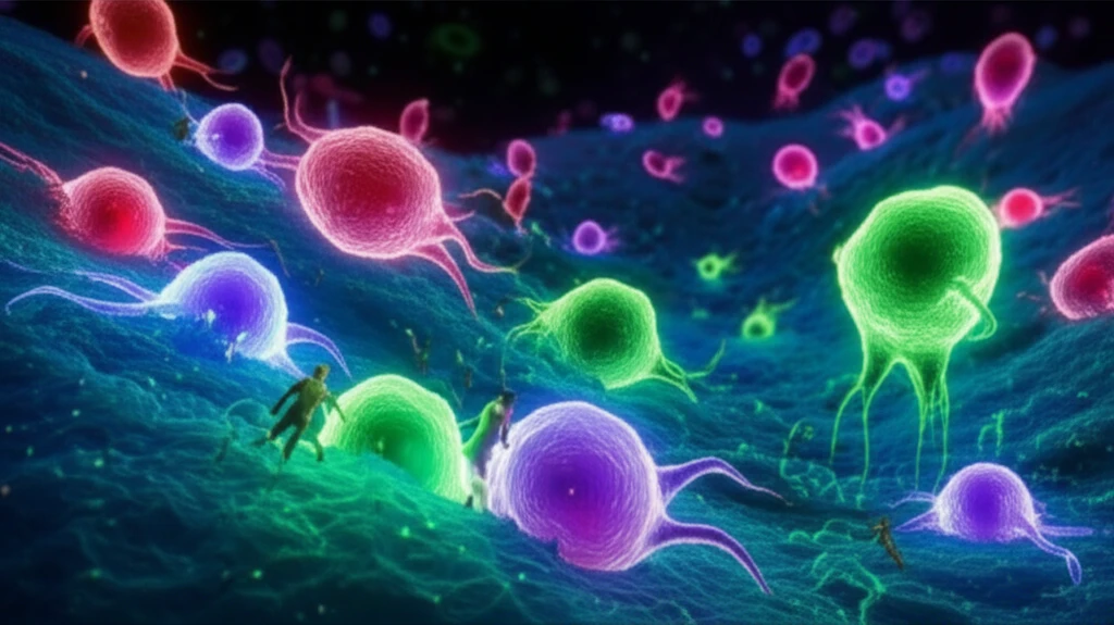 Surreal illustration of cancer cells under attack, symbolizing enhanced chemotherapy through Weel inhibition.