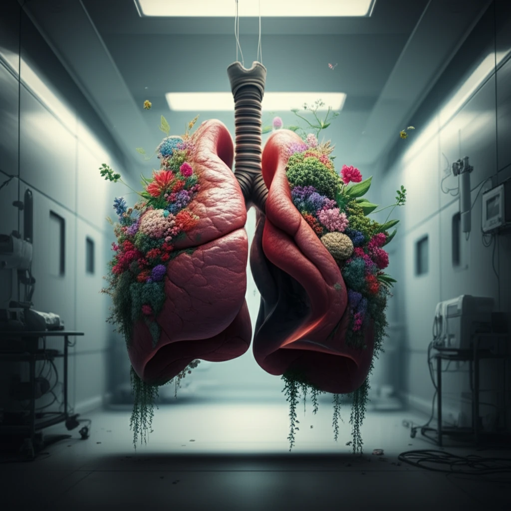 Healthy lung blooming with vibrant flora amidst a sterile hospital environment, symbolizing resilience and hope in lung transplantation.