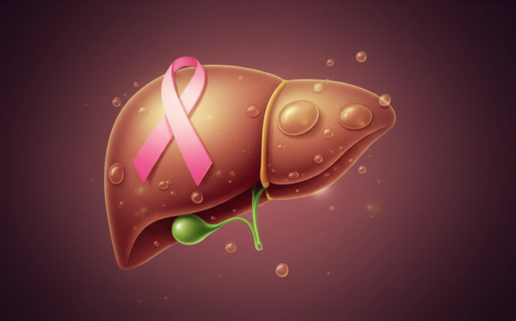 Surreal illustration of a liver with fat droplets and a cancer ribbon, symbolizing the connection between fatty liver disease and cancer.