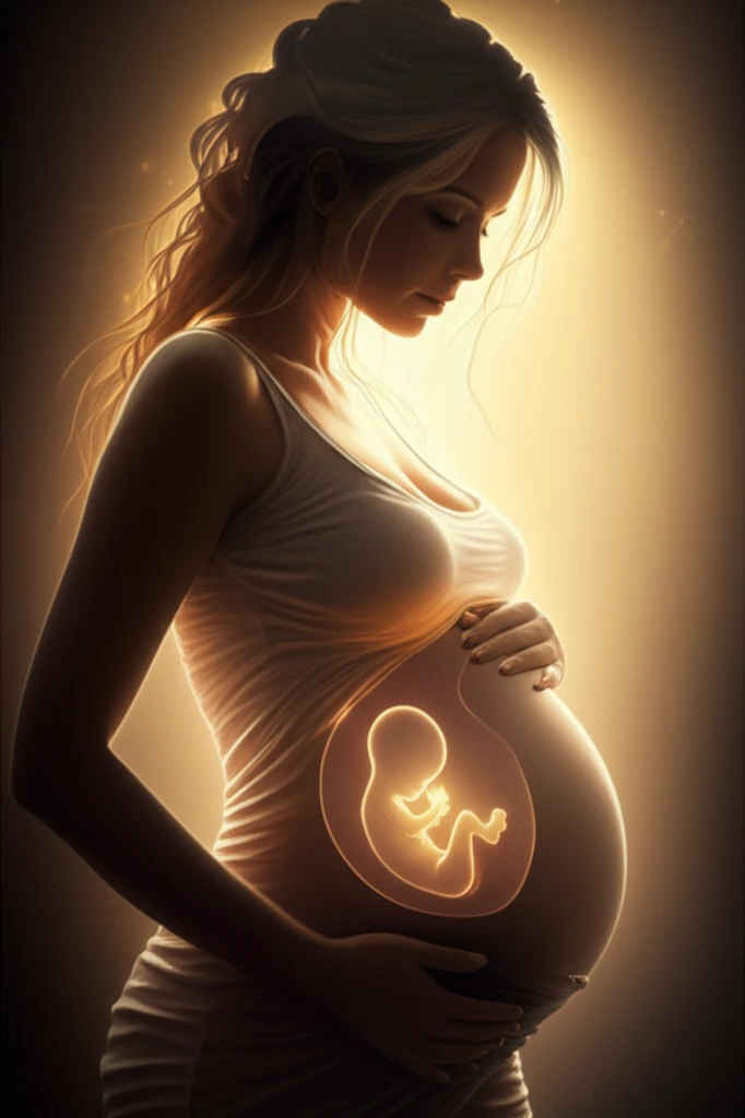 Pregnant woman surrounded by light symbolizing fetal development