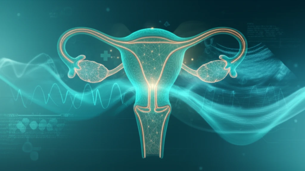 Stylized illustration of a uterus with endometrial tissue and ultrasound waves.