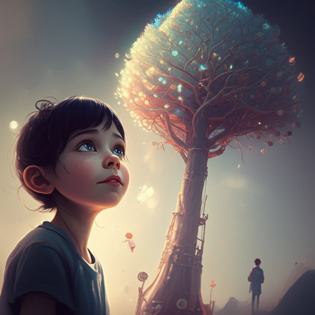 Child's hopeful eyes gazing at a glowing tree symbolizing medical advancements in eye care.