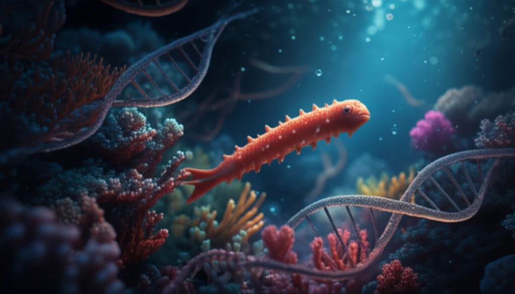 Vibrant coral reef with a sea cucumber swimming among it, DNA strands subtly integrated, symbolizing genetic diversity and conservation.