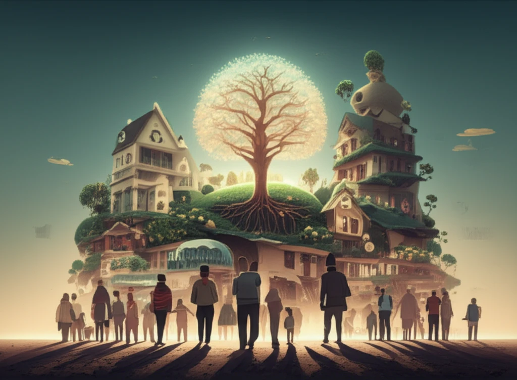 Interconnected community elements symbolizing social determinants of health.