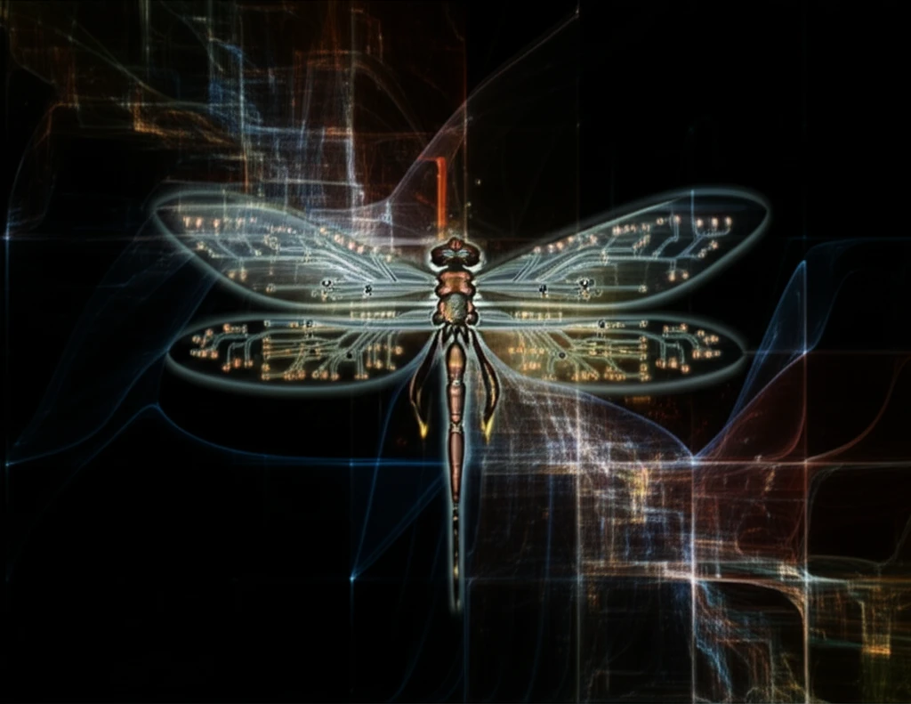 Dragonfly with circuit-embedded wings flying through a digital data stream.